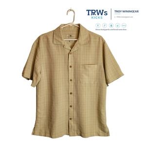 Island Shores Mens Camp Shirt Khaki Beige Glen Check Short Sleeve Pocket M